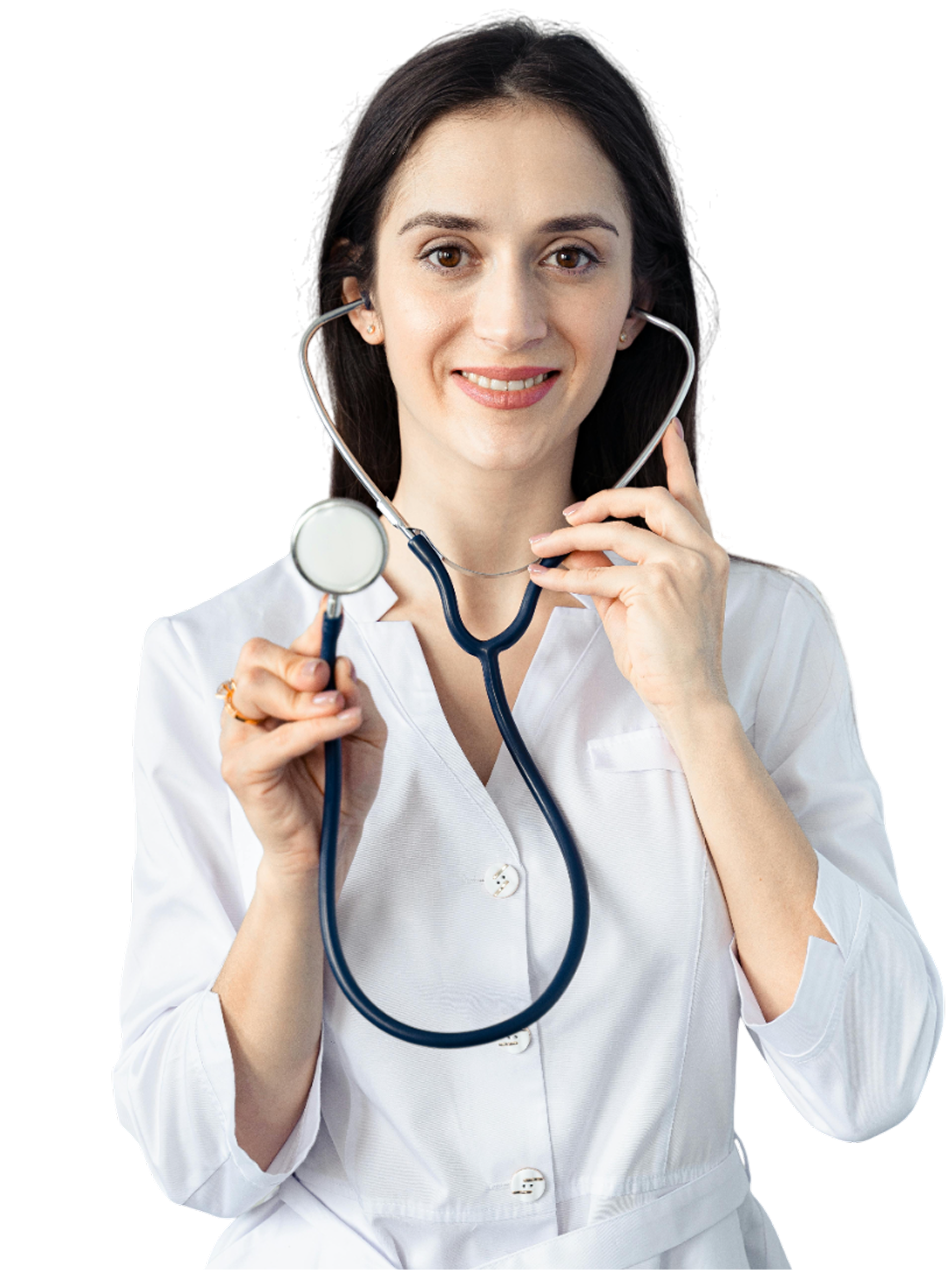 A female doctor is holding a stethoscope in her hands.
