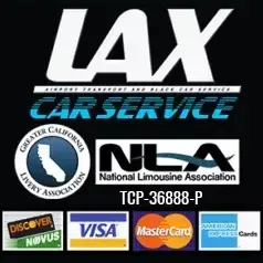 A lax car service logo with visa mastercard and discover logos