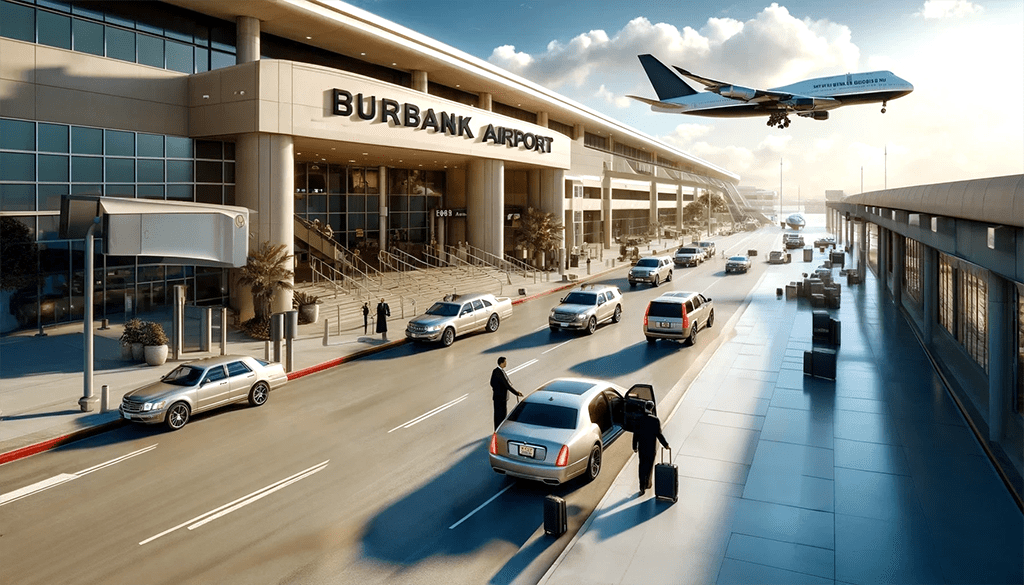 A large airplane is taking off from burbank airport