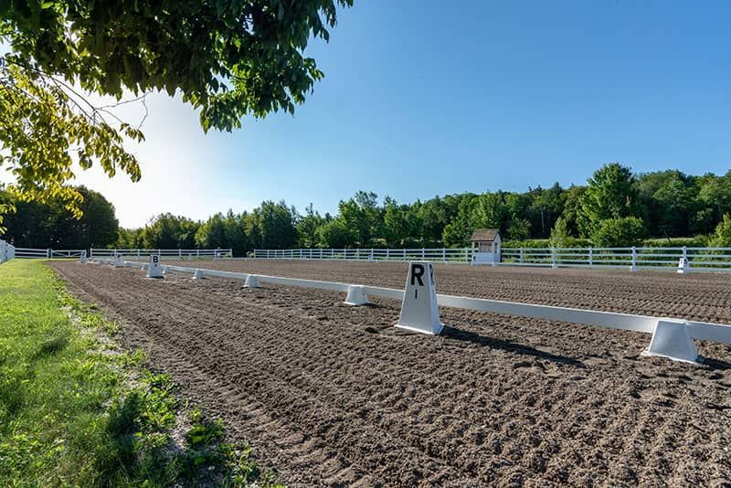 Equestrian dressage arena with white fencing and markers; trees and blue sky in background.