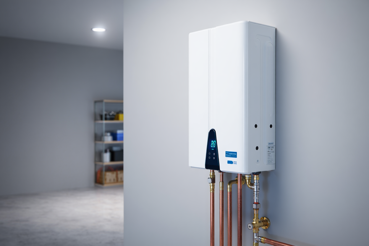 A white water heater is hanging on a wall in a room.