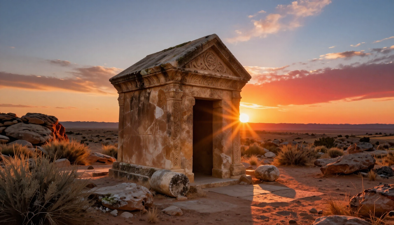 Empty tomb at sunrise symbolizing the finished mission of Christ