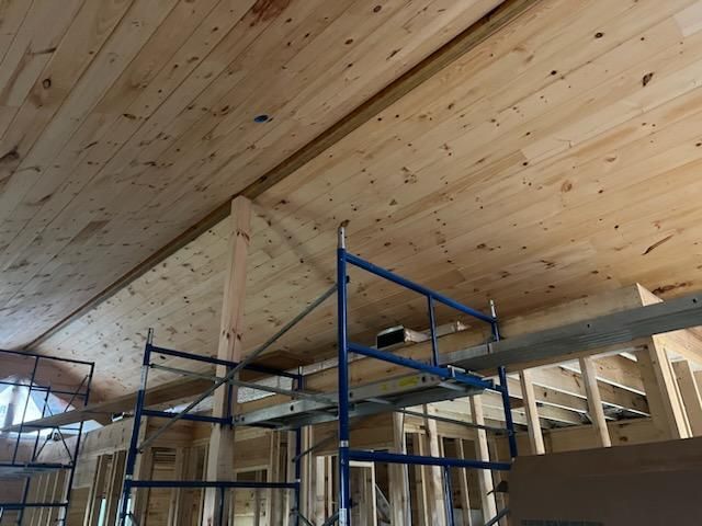 A wooden ceiling in a building under construction