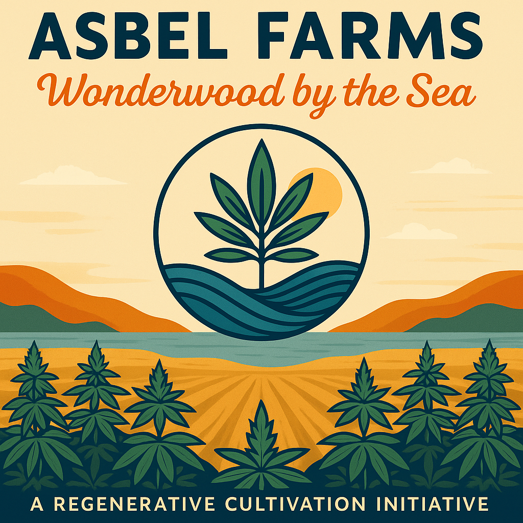 Logo for Asbel Farms: cannabis plant over sea and field with mountains, sun.