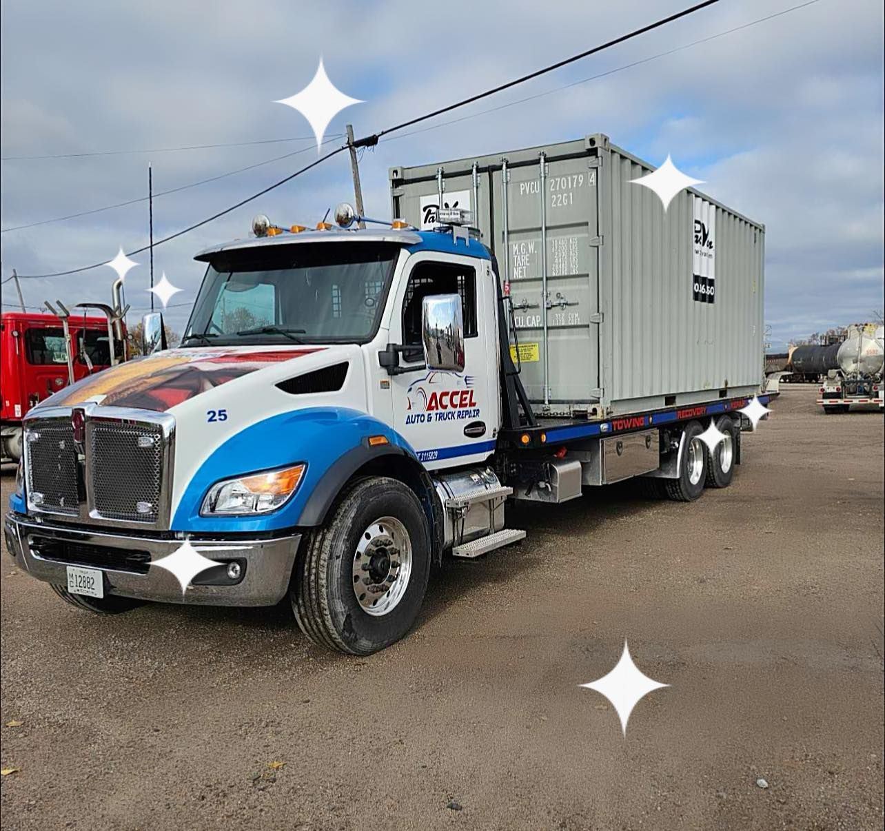 A truck with the word accel on the side.
