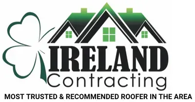 Logo for Ireland Contracting: green shamrock and house icon, black text on white background.