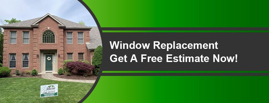 Banner ad for window replacement: a brick house, green grass, a green and black information bar.
