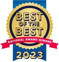 Best of the Best National Award Winner 2023 logo: gold starburst, blue banner, red ribbon.