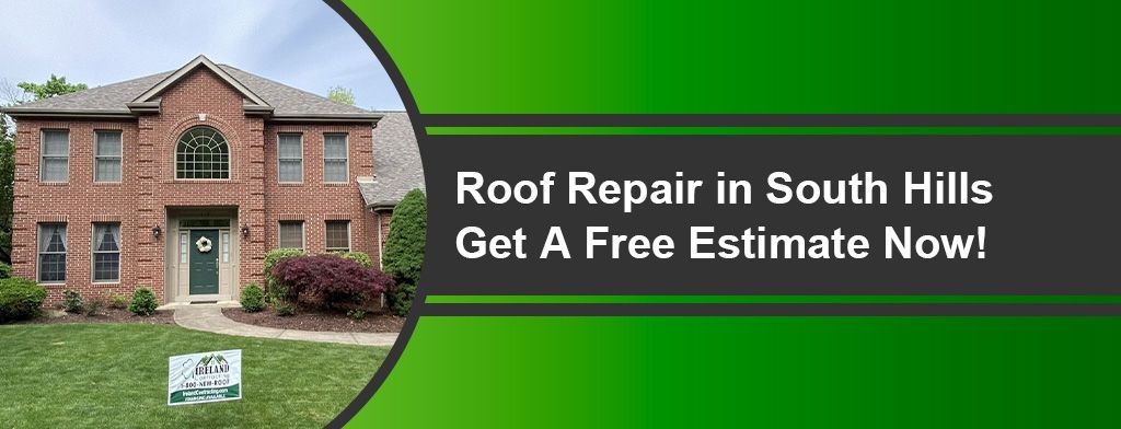 Roof repair advertisement: a brick house with 