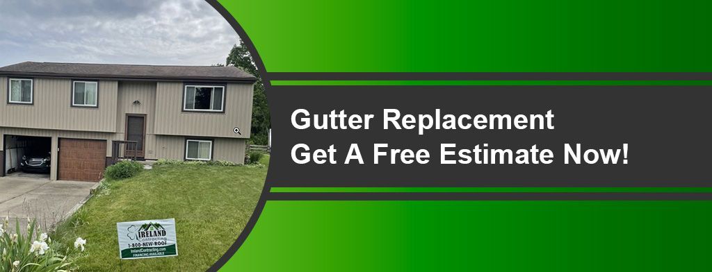 Gutter replacement advertisement with a house and text: 