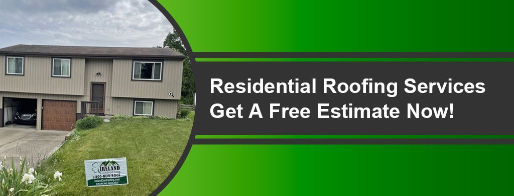 Split-level home with a green lawn. Advertisement for residential roofing services with a free estimate offer.