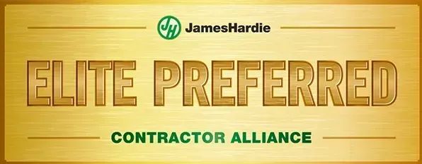 James Hardie Elite Preferred Contractor Alliance badge. Gold and green color scheme.