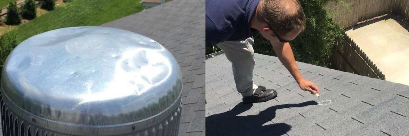 A man on a roof inspecting shingles near a chimney.