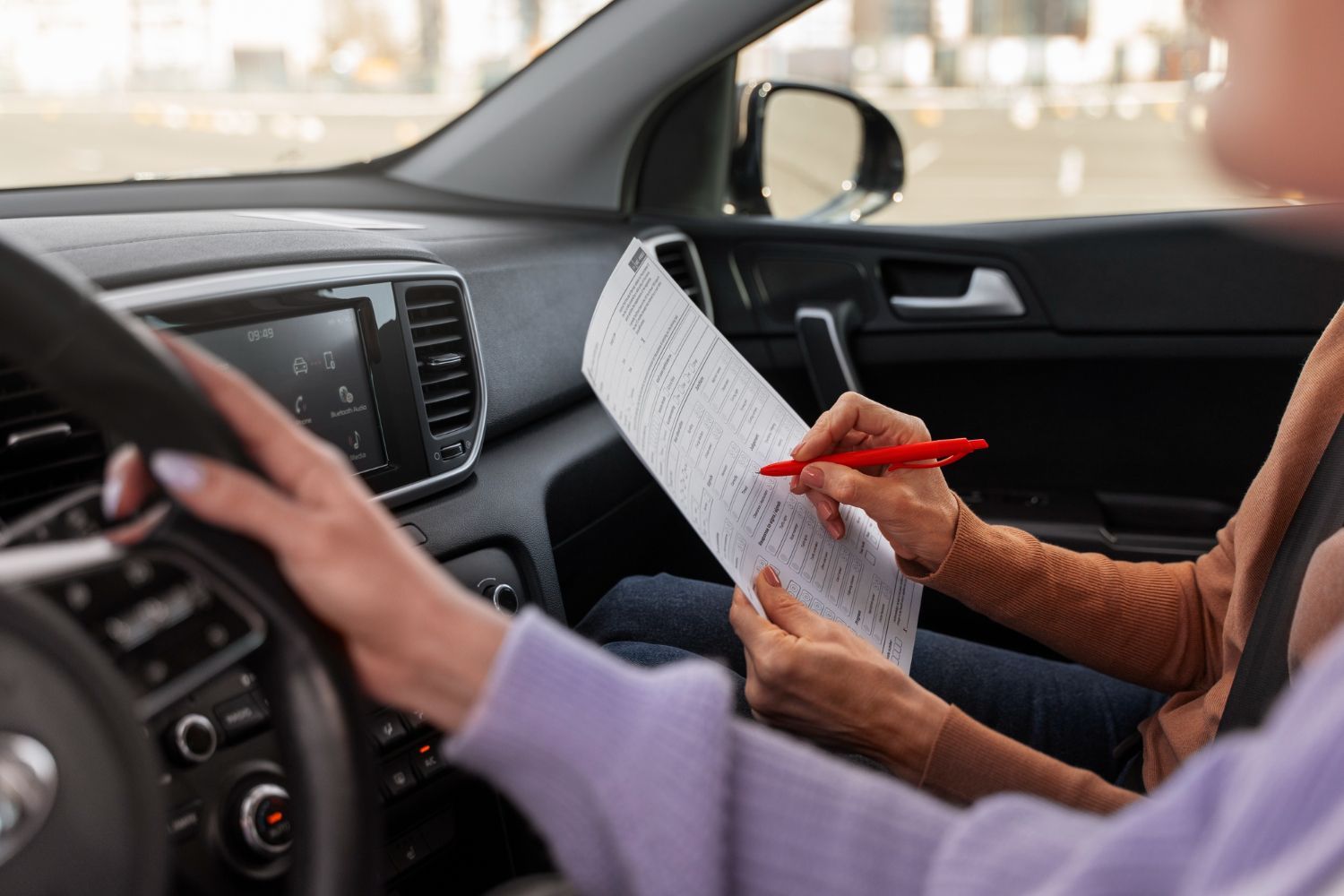 Passenger filling out a form in a car while a driver holds the wheel