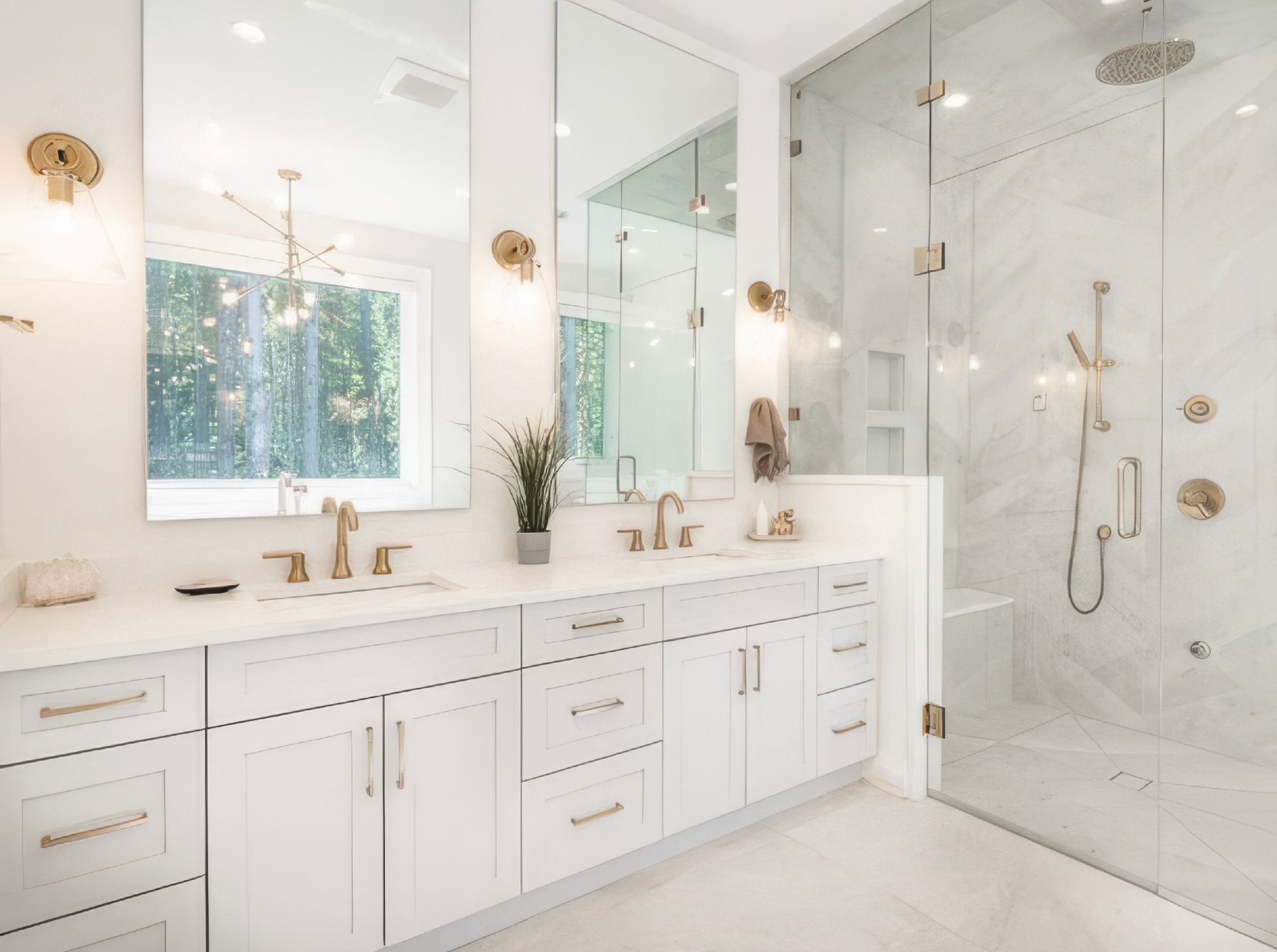 A bathroom with two sinks and a walk in shower