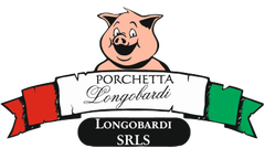 Porchetta Longobardi A cartoon pig atop a banner with the Italian flag colors, reading