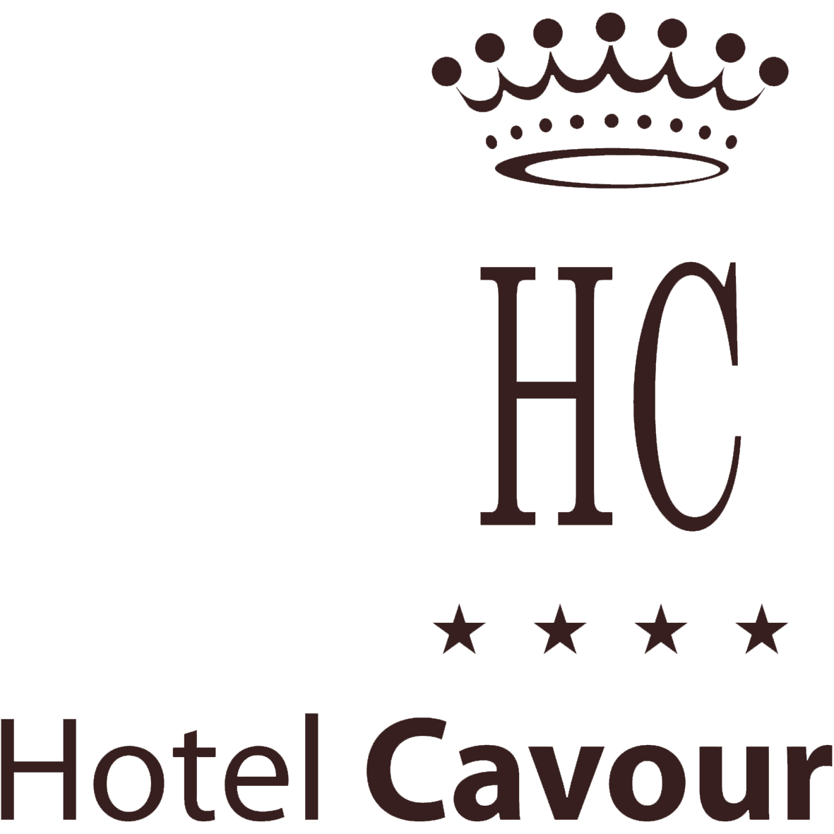 The dark brown logo for Hotel Cavour featuring a crown above the letters 