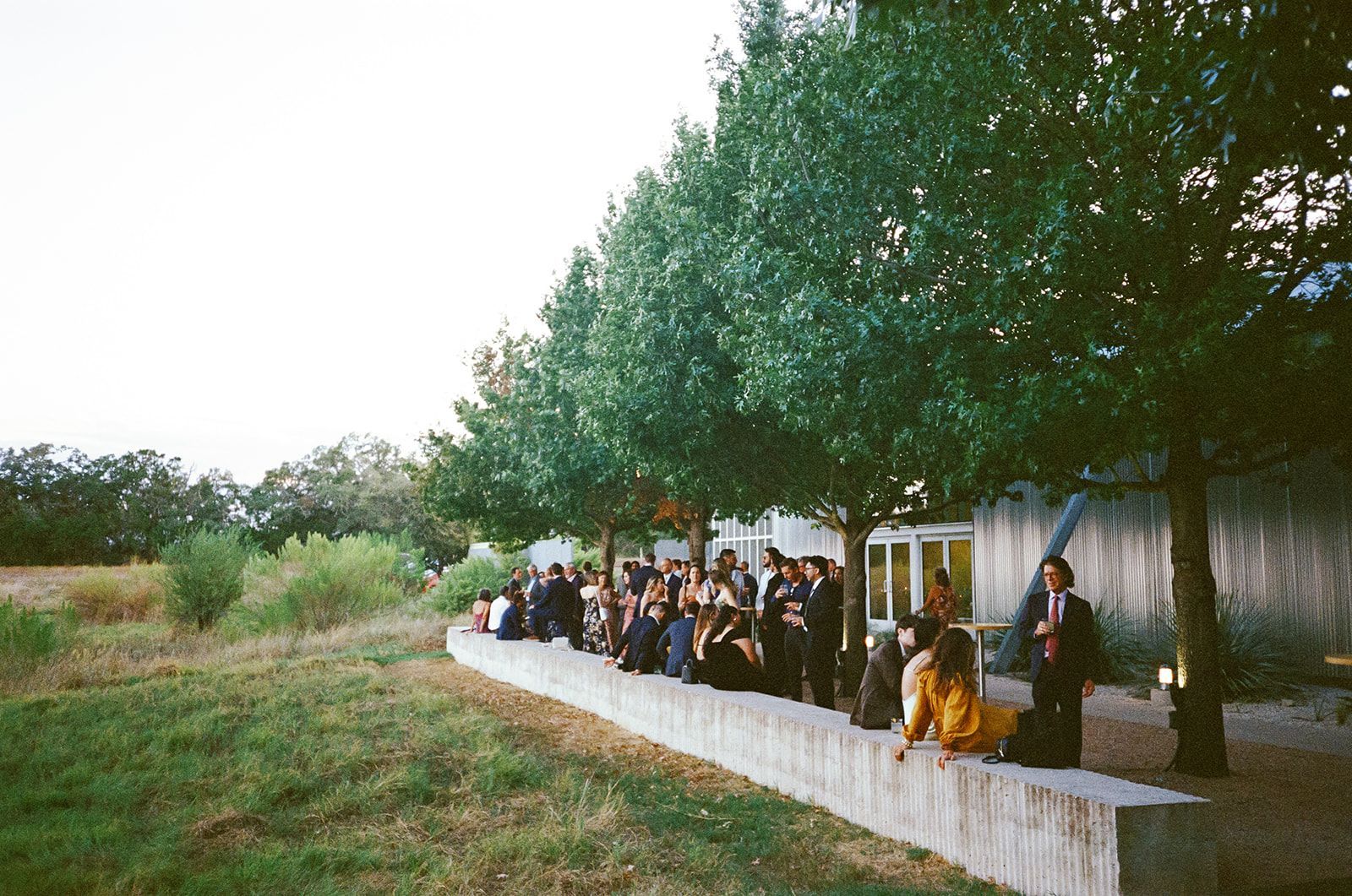 People gathered outdoors, leaning against a concrete wall. Green trees line the wall, adjacent to a field.