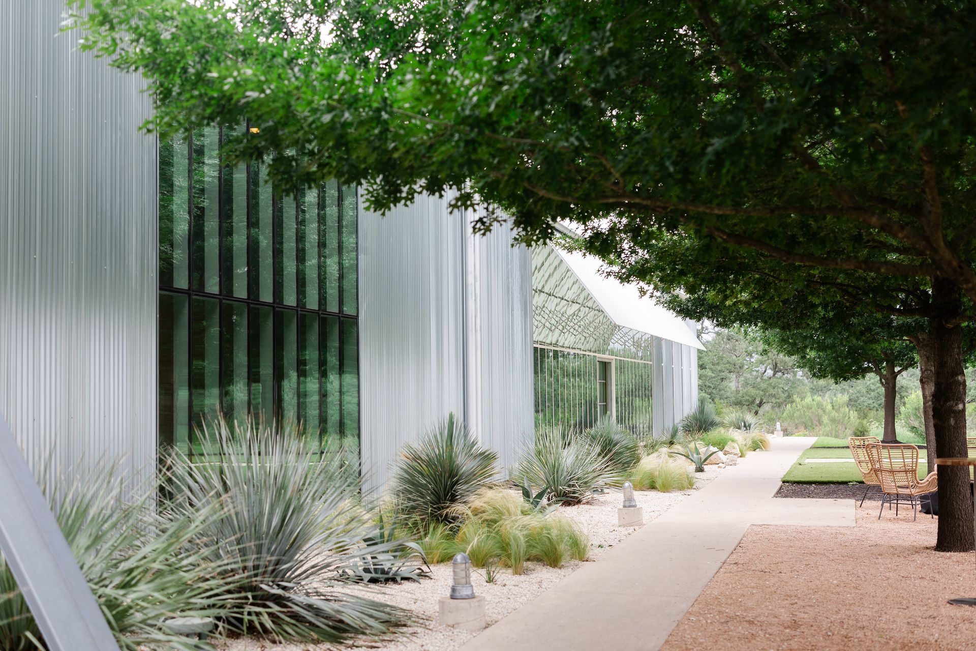 A building with a lot of windows and Texas greenery and bright green trees in front of it.