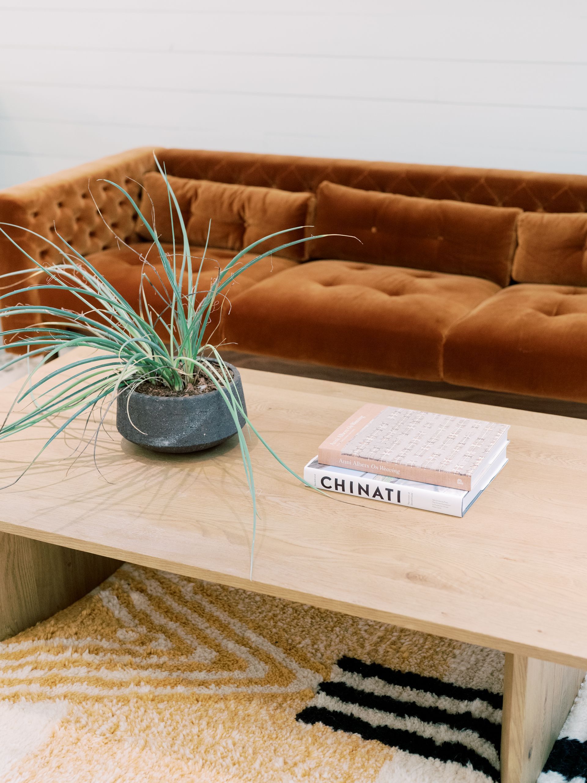 Rust-colored velvet sectional sofa with a wooden coffee table holding a plant and books, with a patterned rug.