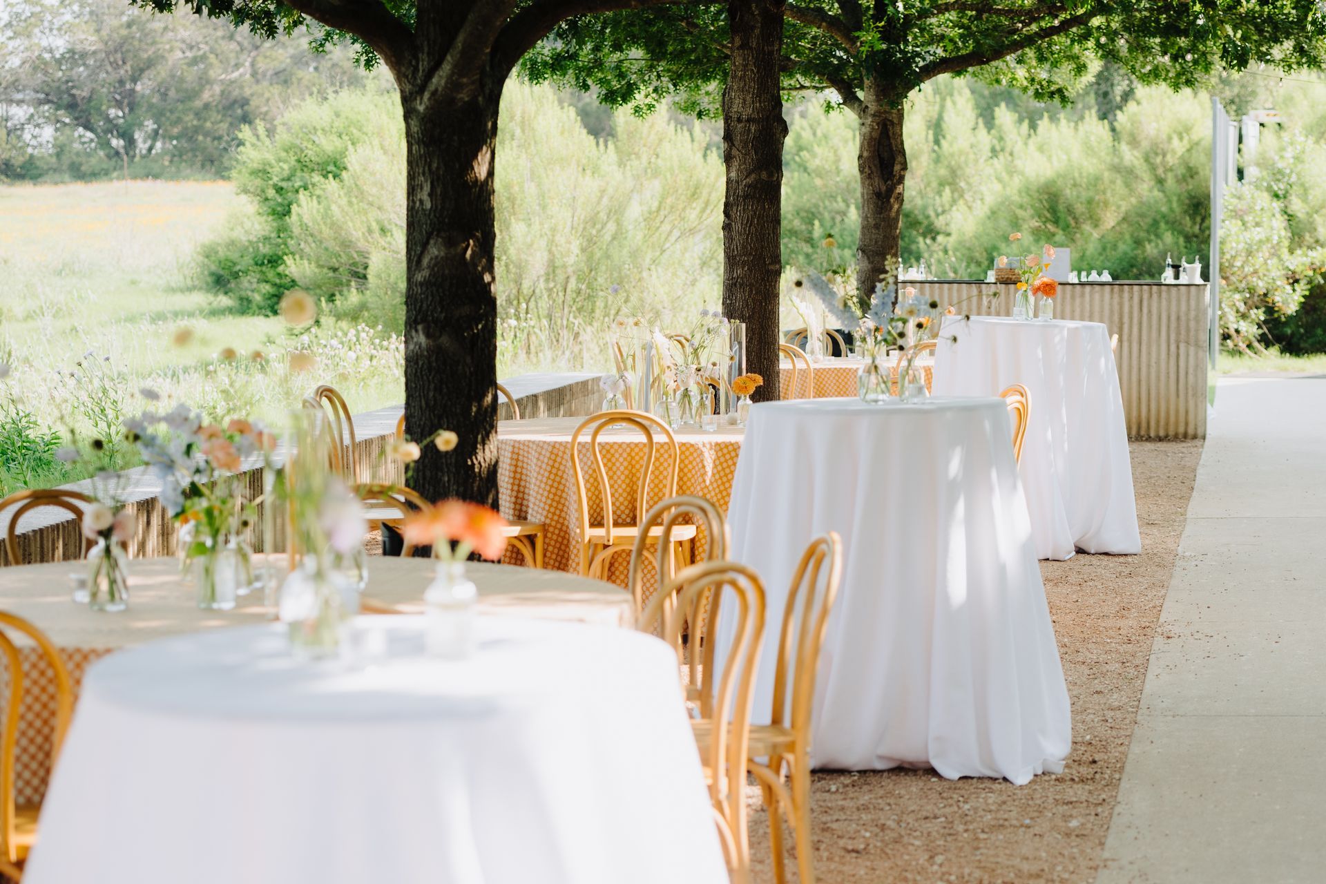 Outdoor event with tables set for guests, under trees, overlooking a field; white tablecloths, and floral arrangements.