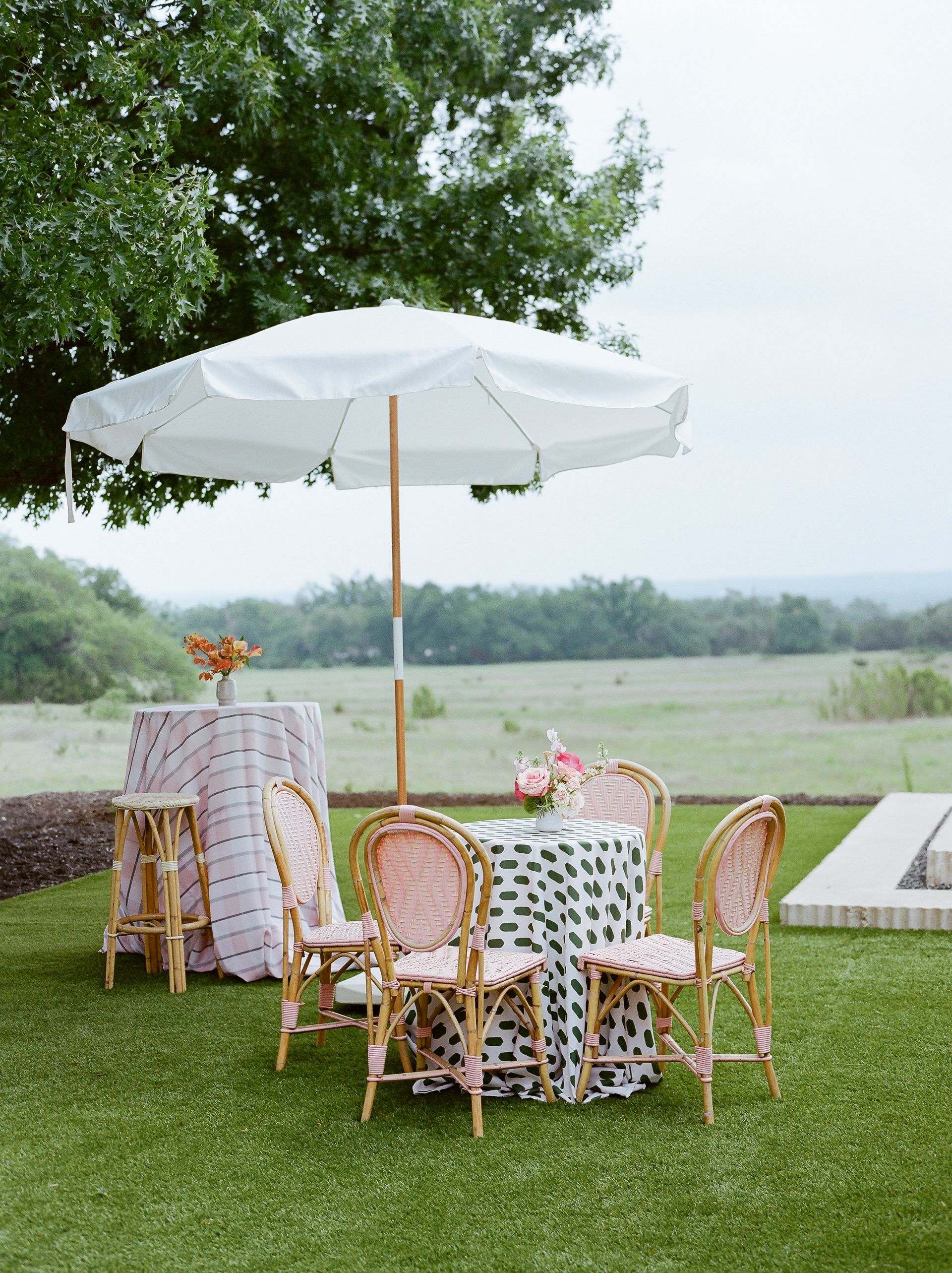 Outdoor dining setup: white umbrella, patterned tablecloths, wicker chairs, green lawn, landscape background.