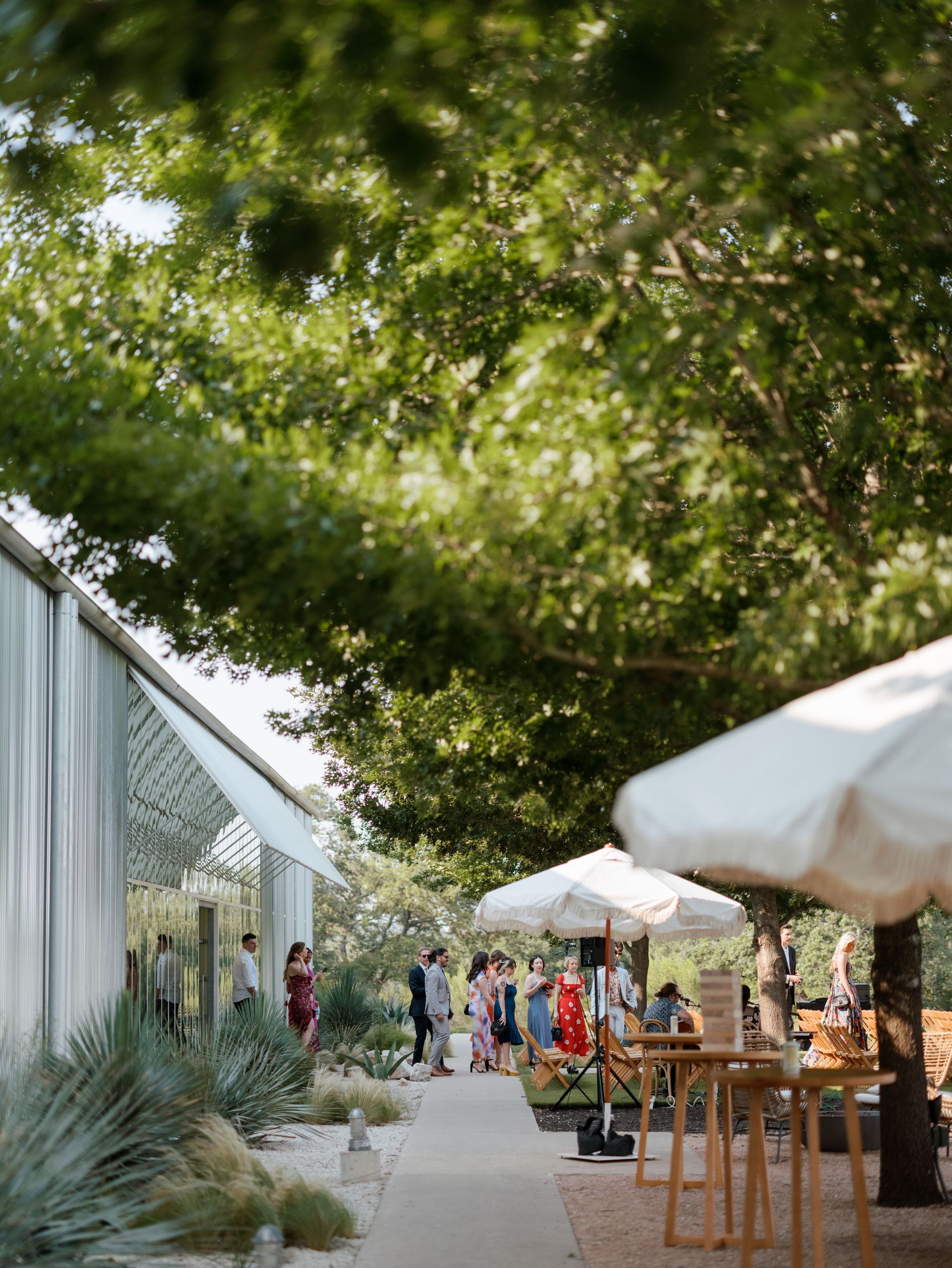 Wedding guests mingle under trees and near a tent and parasols.