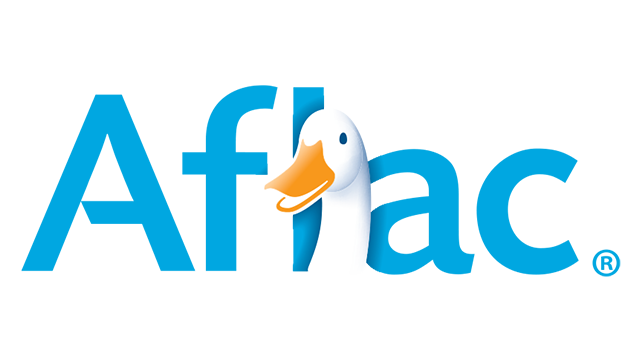 Aflac logo with a white duck's head and orange beak peeking through the blue letters.