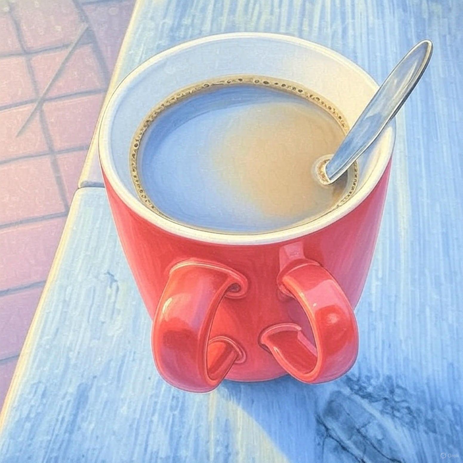Een rode kop koffie met een lepel erin
