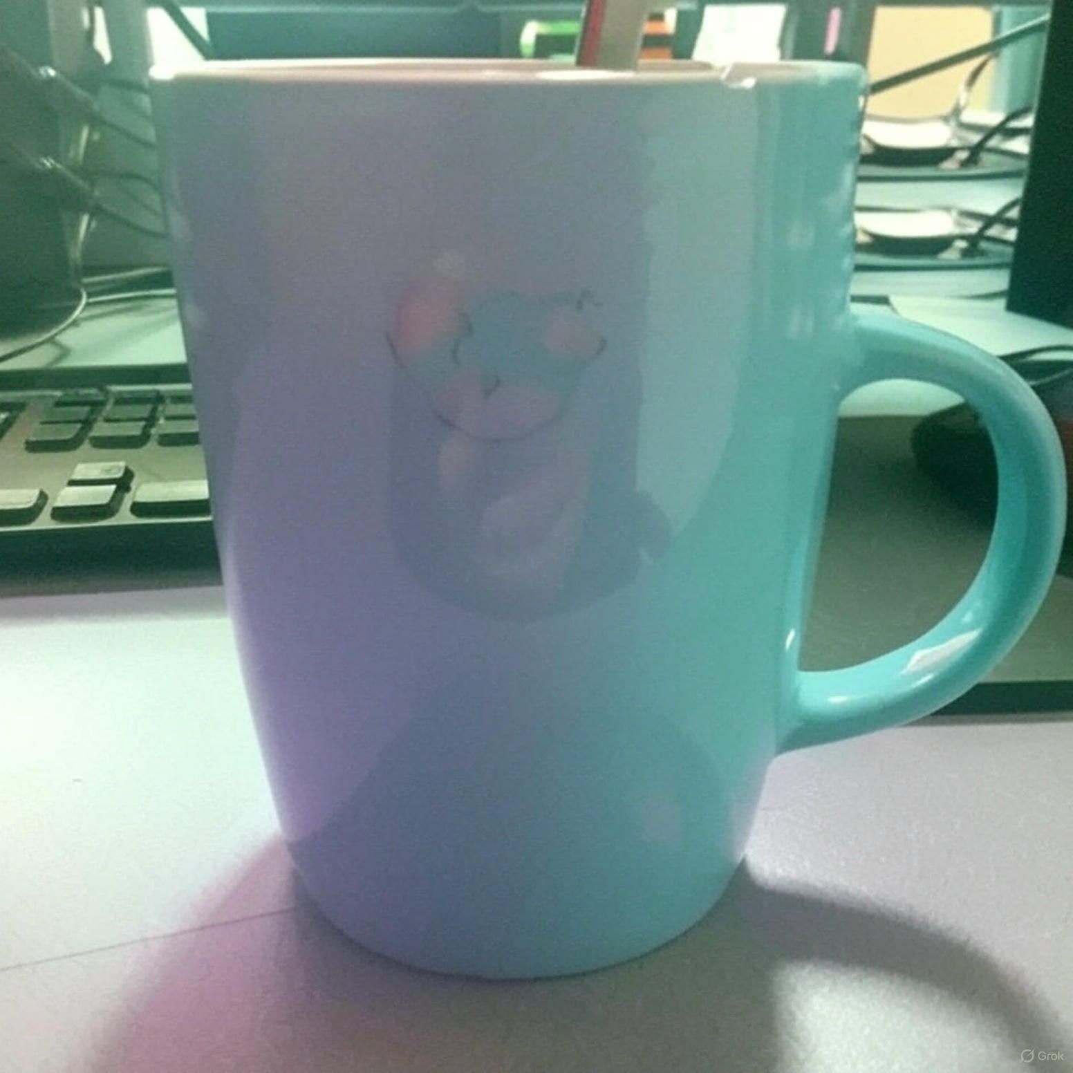 Een blauwe koffiemok staat op een bureau voor een toetsenbord