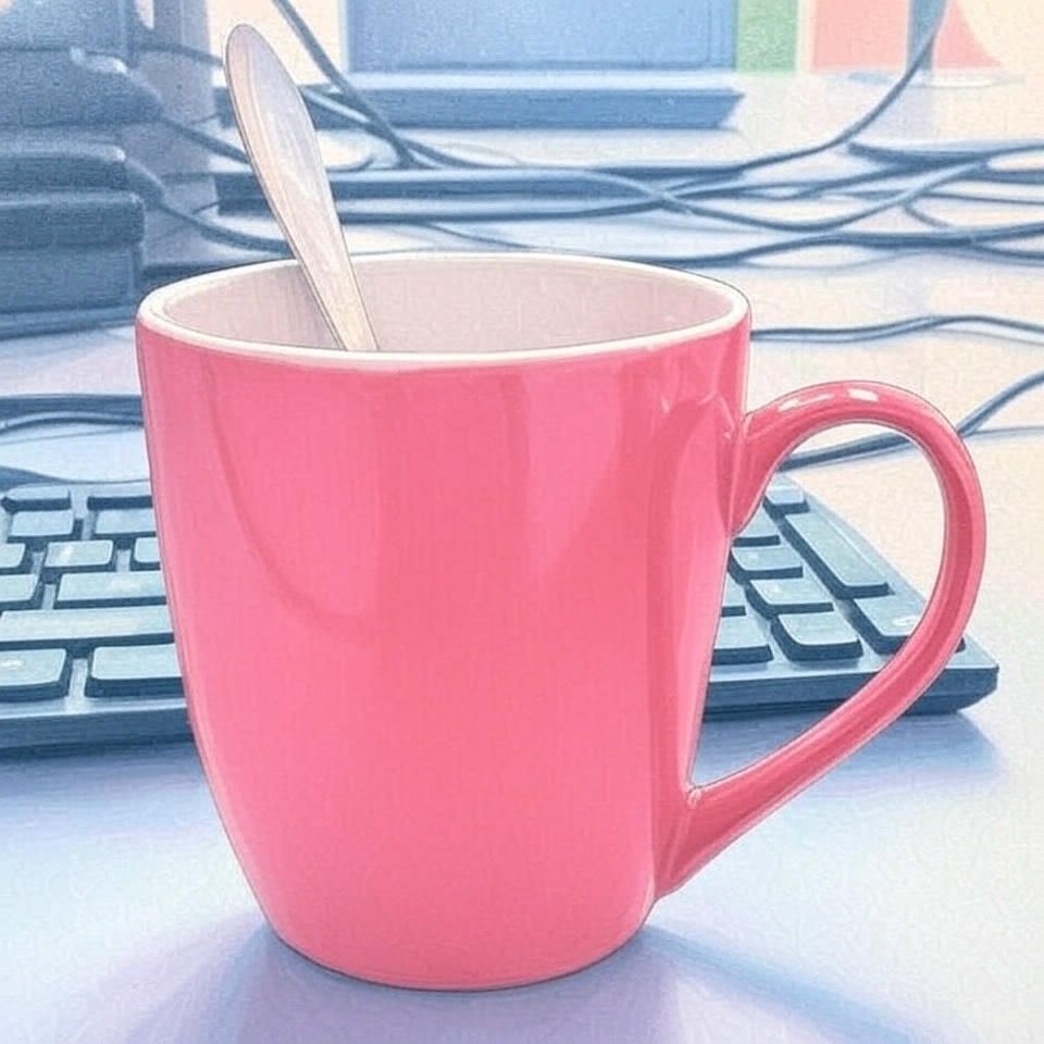 Een rode mok met een lepel erin staat op een bureau naast een toetsenbord
