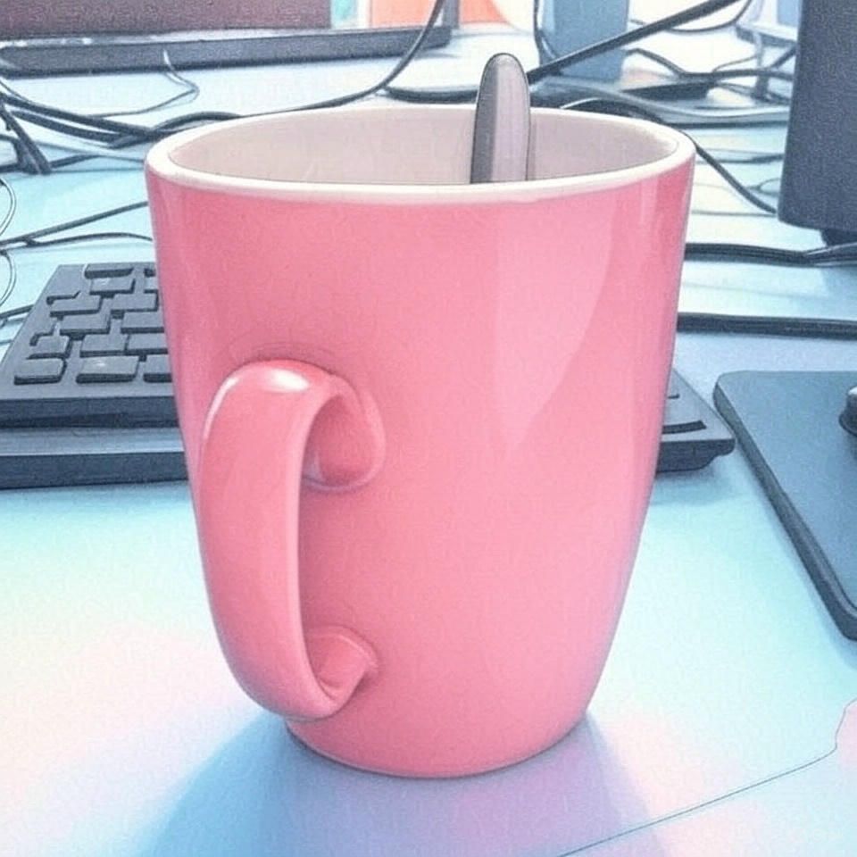 Een rode mok met een lepel erin staat op een bureau