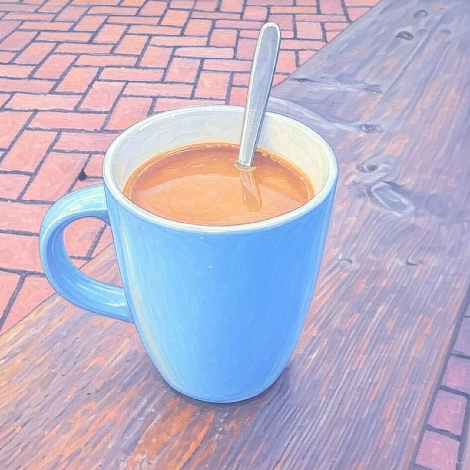Een blauwe kop koffie met een lepel erin