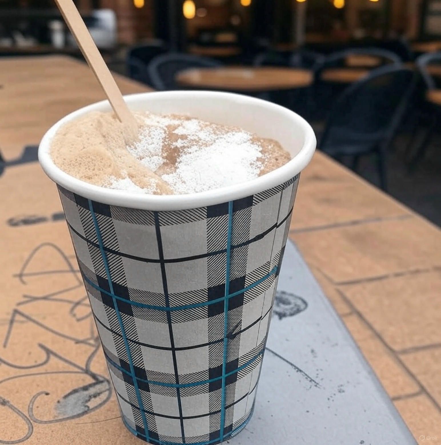 Een kopje koffie met een houten lepel erin