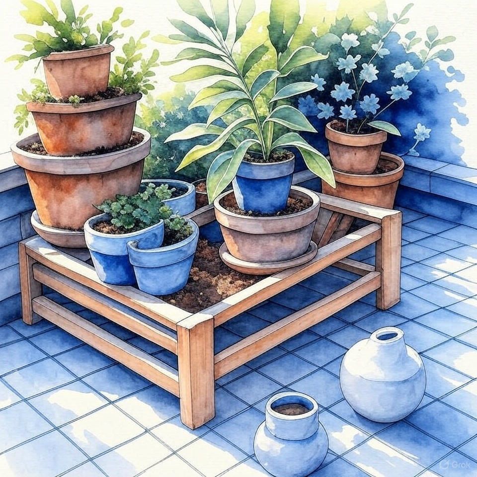 Een potplant staat op een houten plank naast twee kleine potten