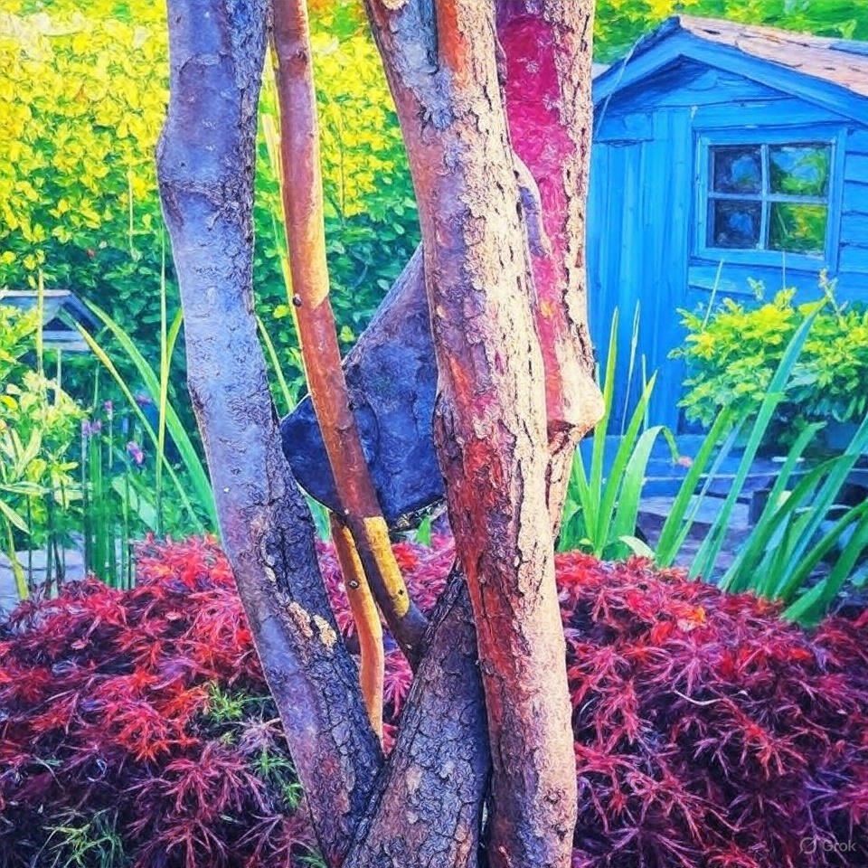 Een boom in een tuin met een vogelhuisje op de achtergrond