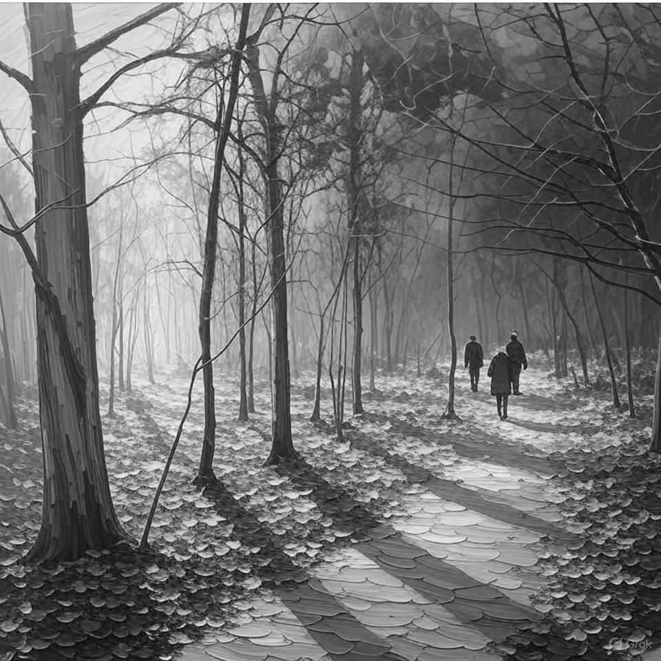 Een zwart-witfoto van mensen die door een bos lopen.