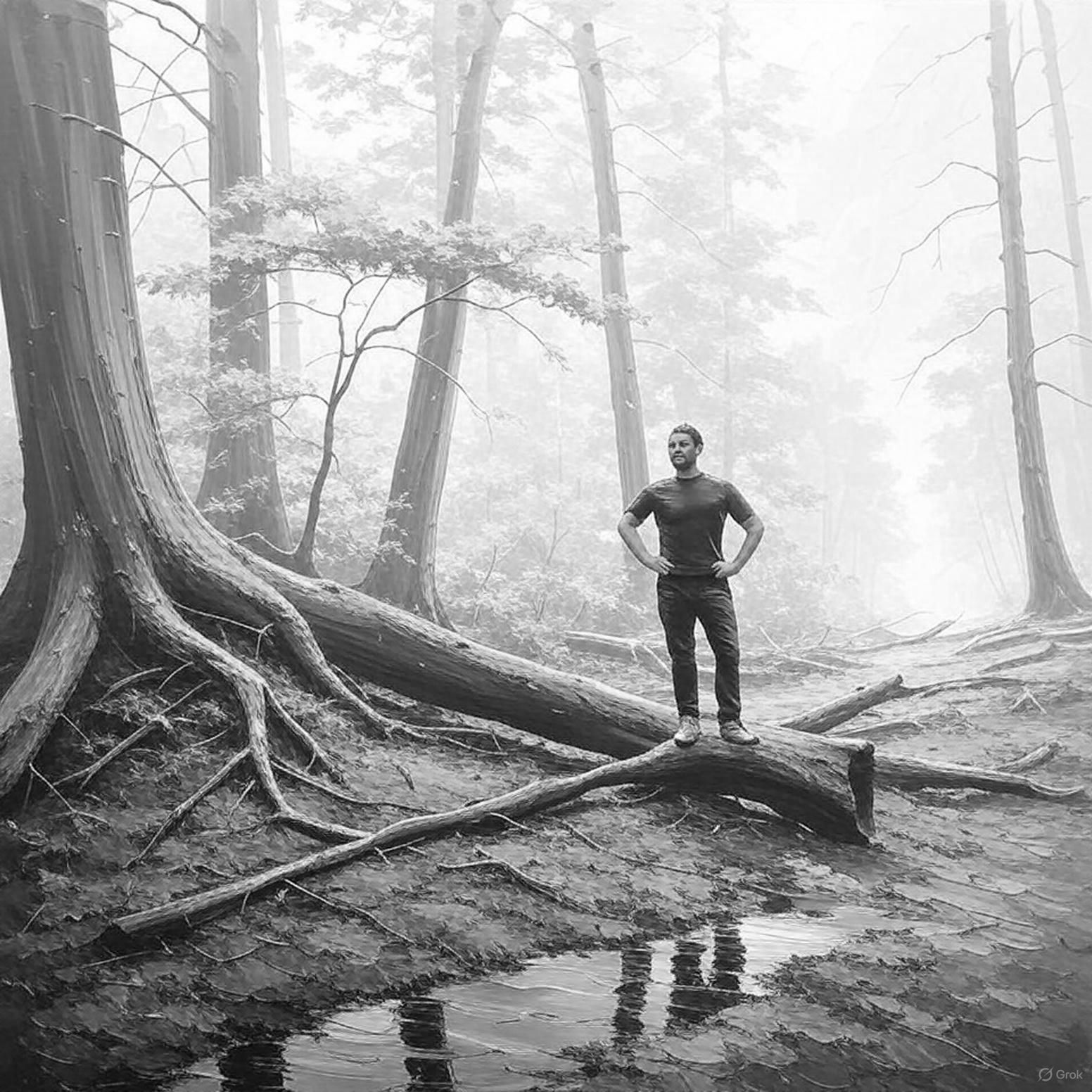 Een zwart-witfoto van een man die op een boomstam in het bos staat.
