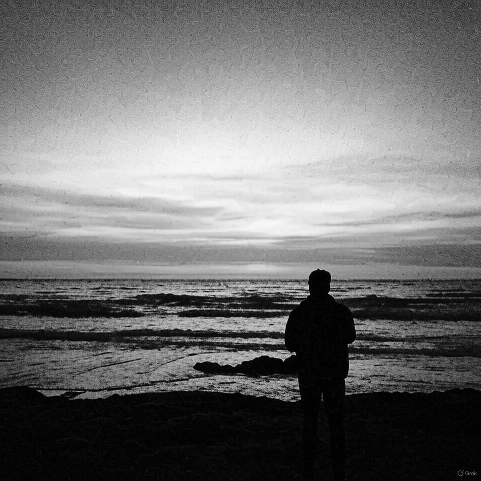 Een zwart-witfoto van een persoon die op een strand staat