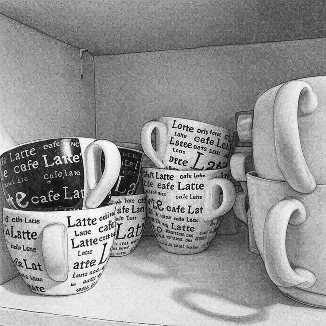 Een stapel koffiekopjes met het woord latte erop