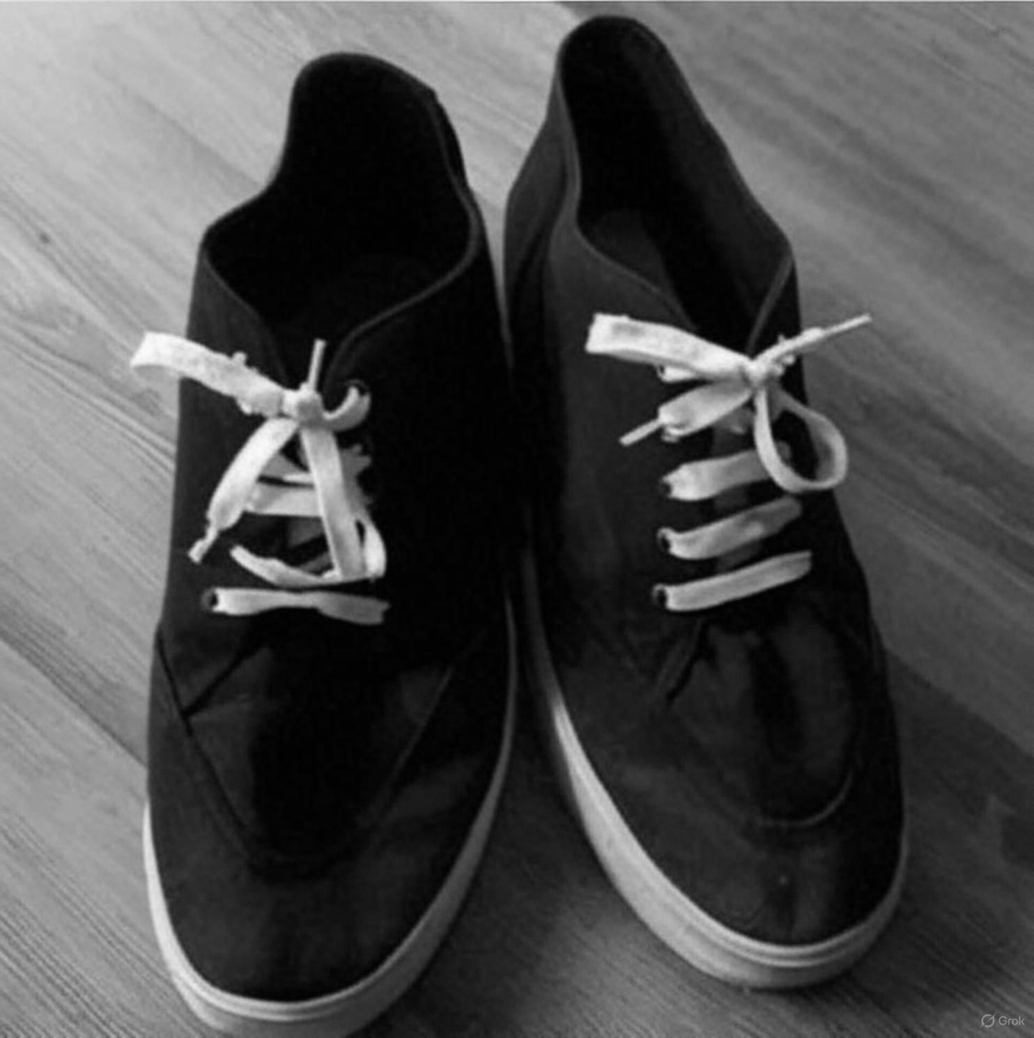 Een paar zwarte schoenen met witte veters op een houten vloer