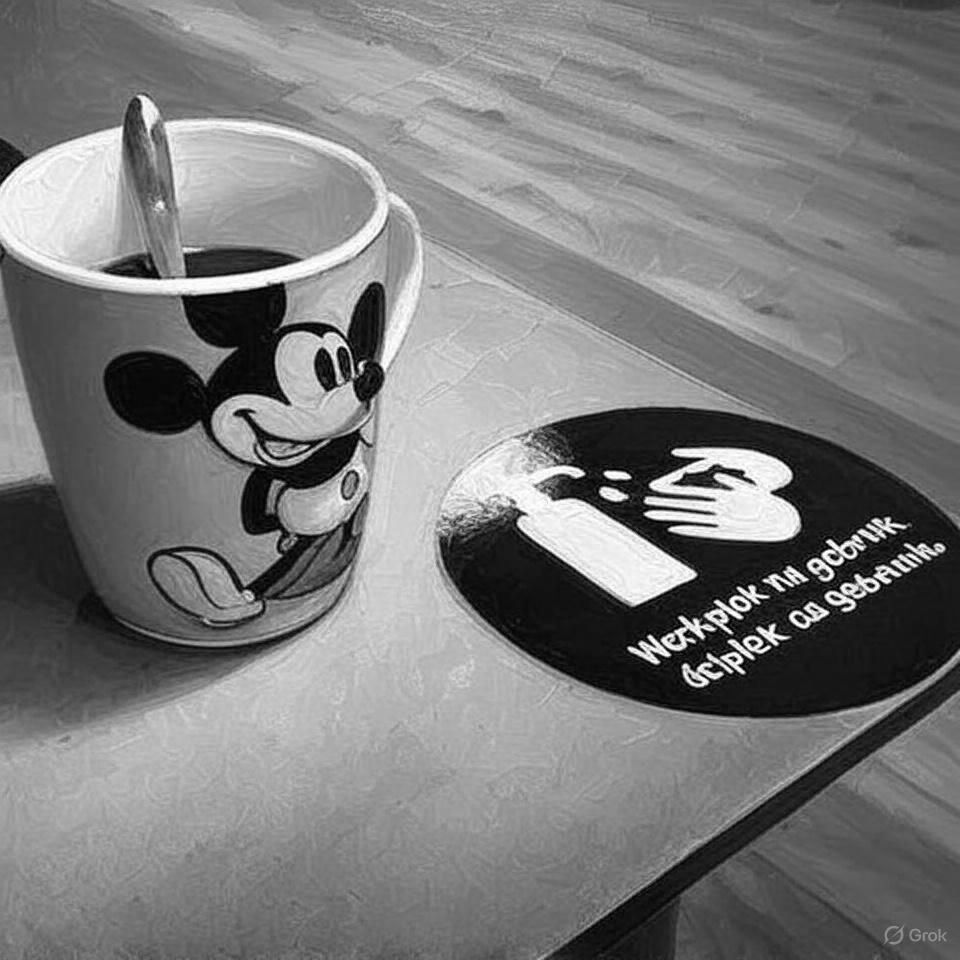 Een zwart-witfoto van een Mickey Mouse-mok op een tafel
