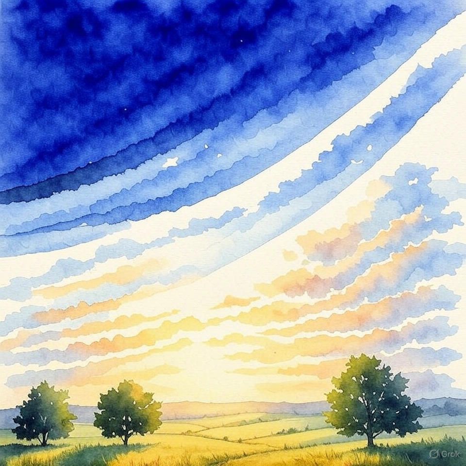 Een blauwe lucht met witte wolken en bomen op de voorgrond