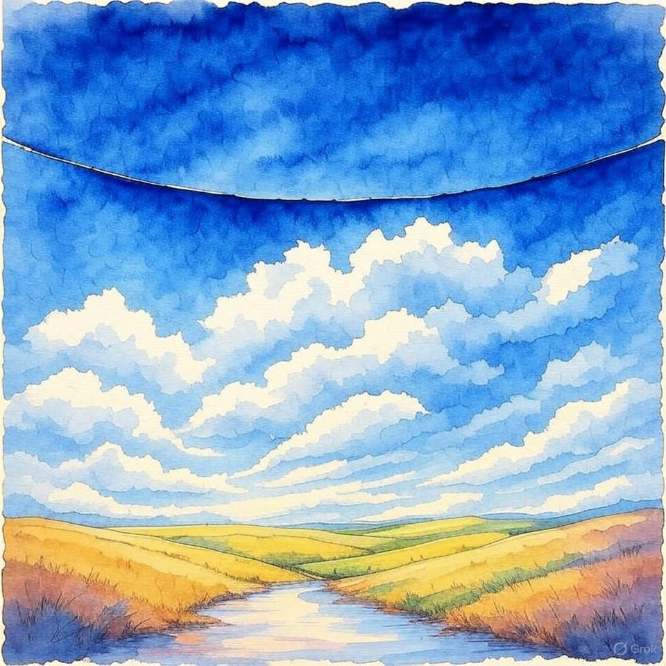 Een blauwe lucht met een zwarte curve in het midden