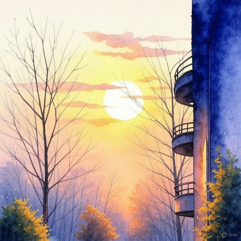 Een zonsondergang met een balkon op de voorgrond en bomen op de achtergrond