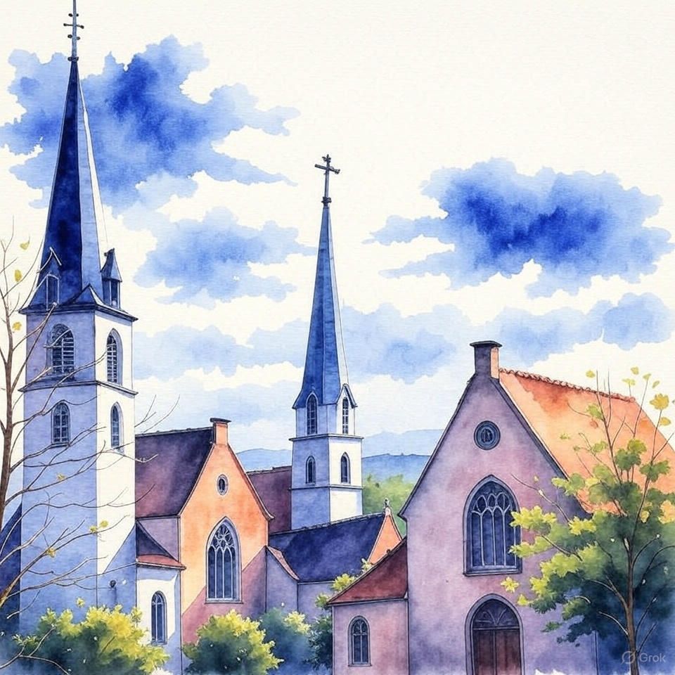 Een kerk met twee torenspitsen en een kruis op de top