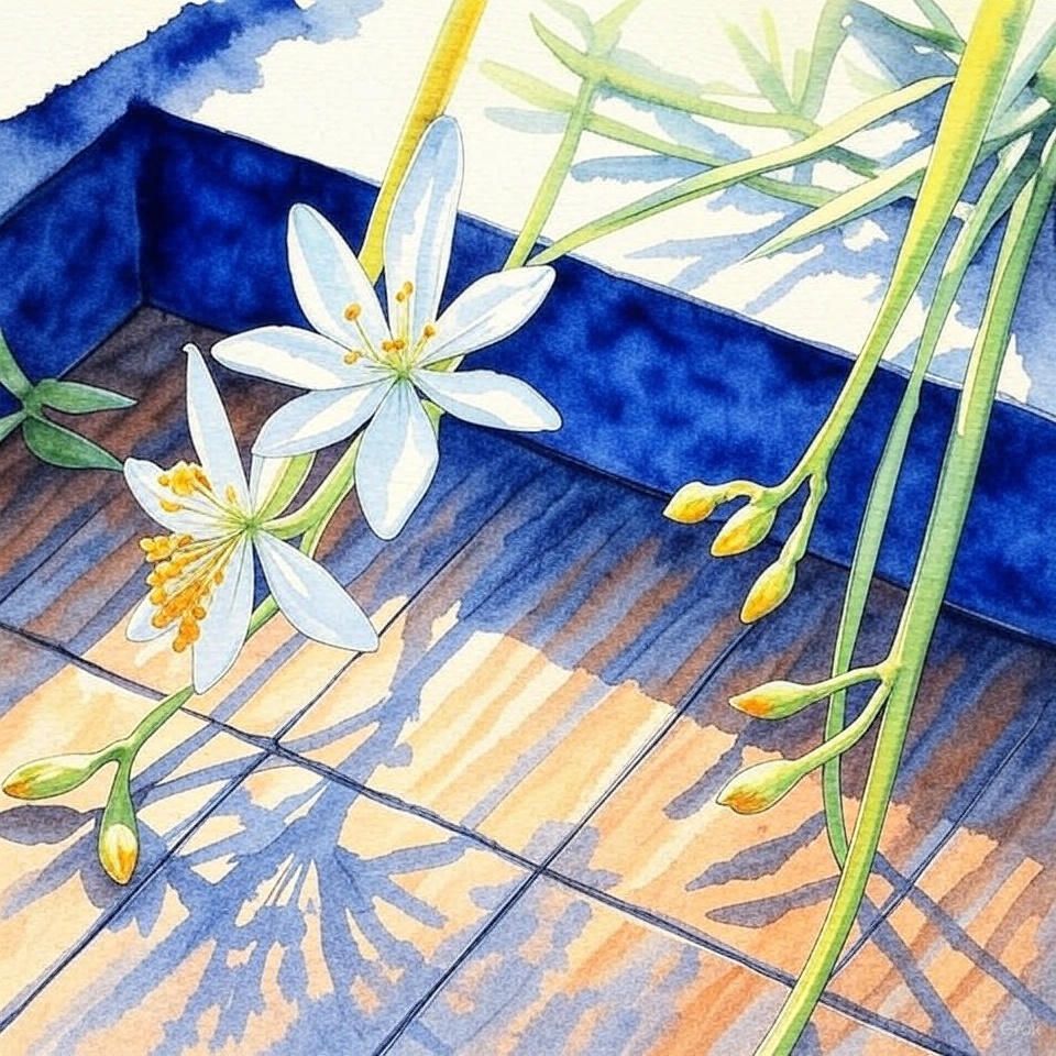 Een kleine witte bloem met een geel hart staat op een houten tafel