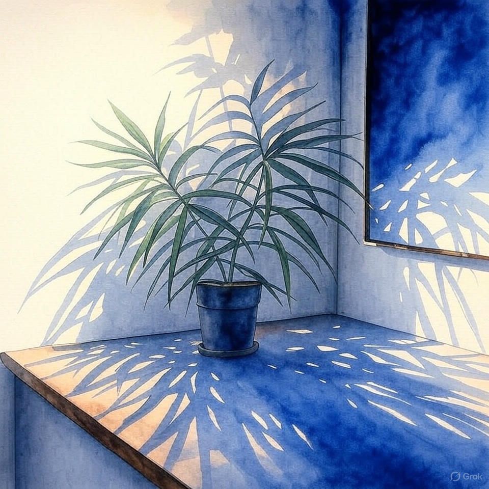 Een schaduw van een plant werpt zich op een muur.
