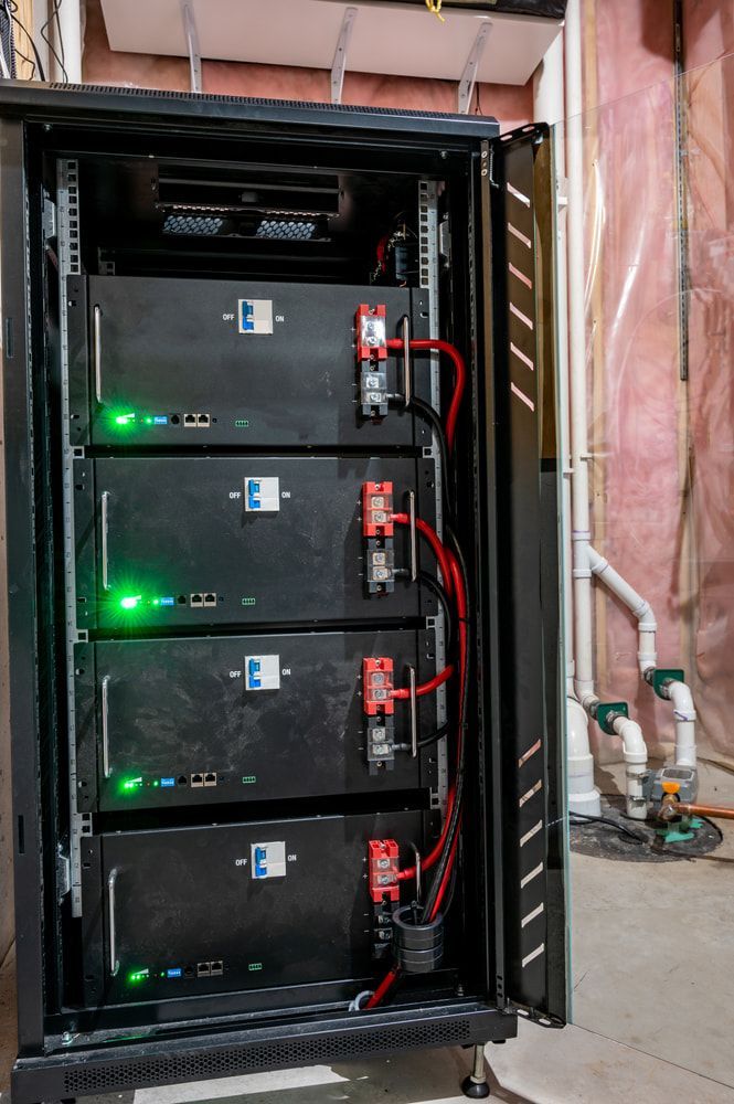 A Bunch of Batteries Are Stacked on Top of Each Other in A Rack — Brent Hawe Solar & Electrical in Glenfield Park, NSW