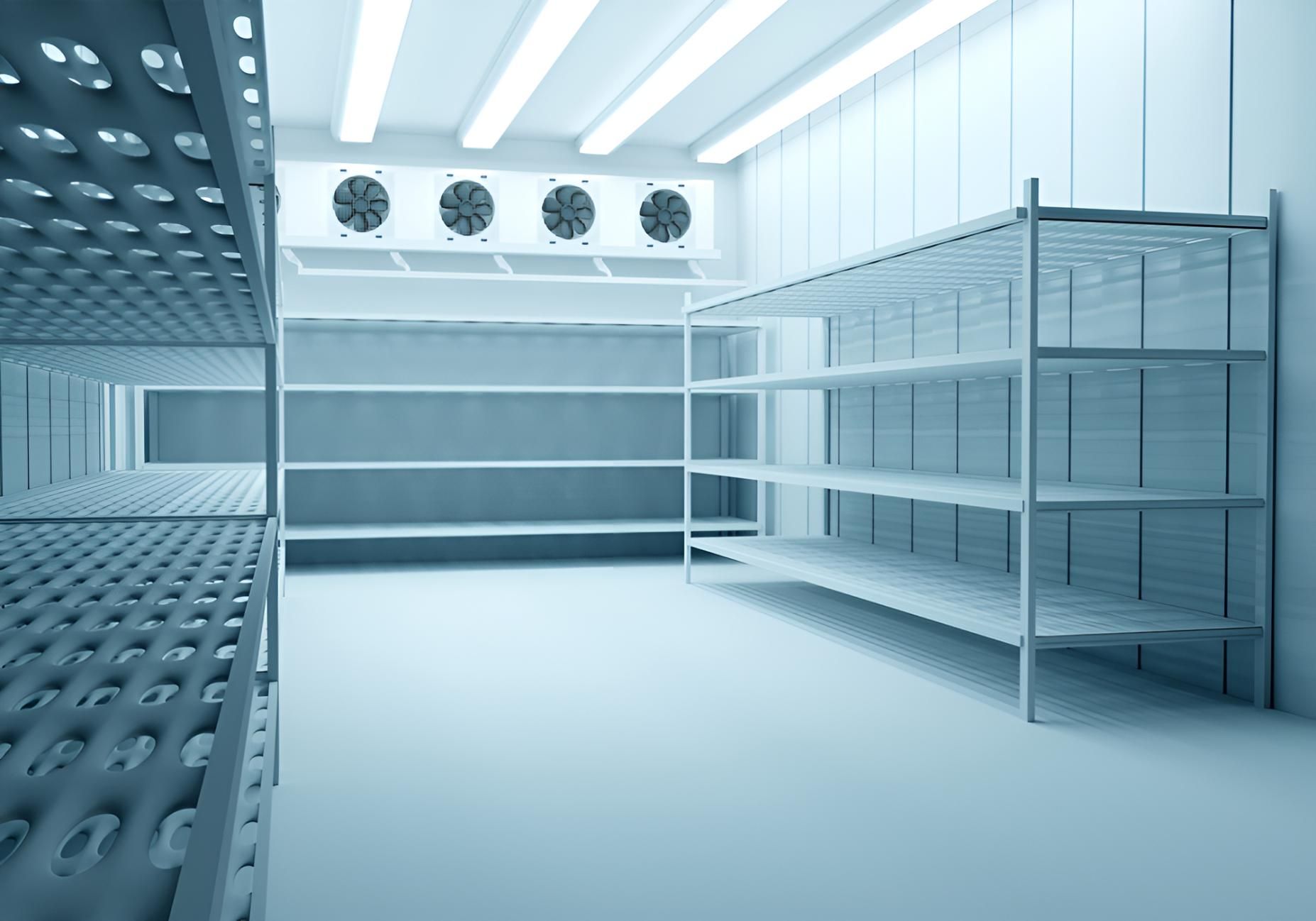 Empty, white walk-in refrigerator with metal shelves, air conditioning units, and bright lighting — Coolman Airconditioning in Broken Head, NSW
